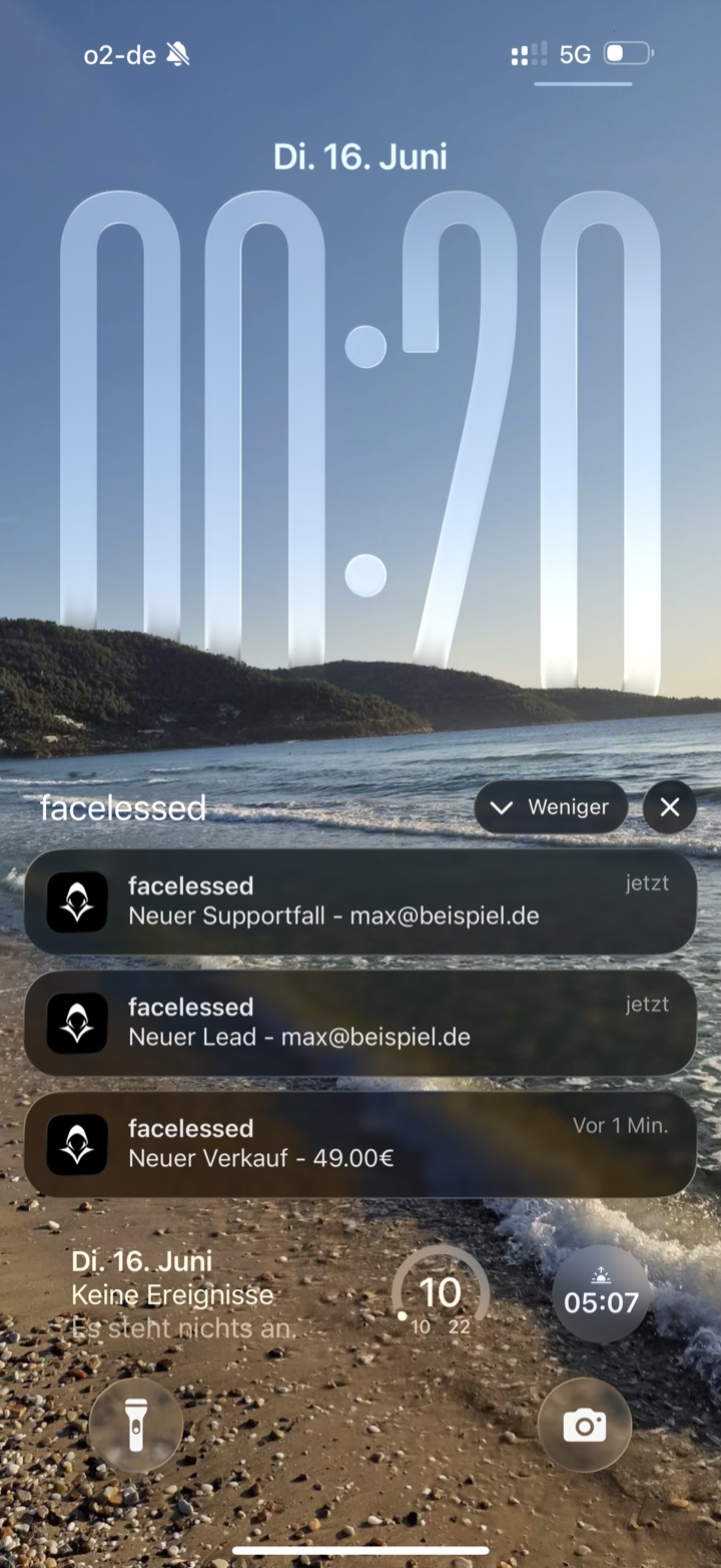 facelessed App: iPhone-Lockscreen mit Push-Benachrichtigungen für neuen Lead, Verkauf und Supportfall